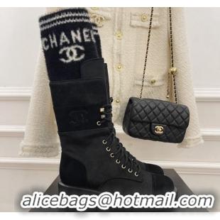 Popular Style Chanel Horse Fur and Knit Lace-up Ankle Boots G39506 Black