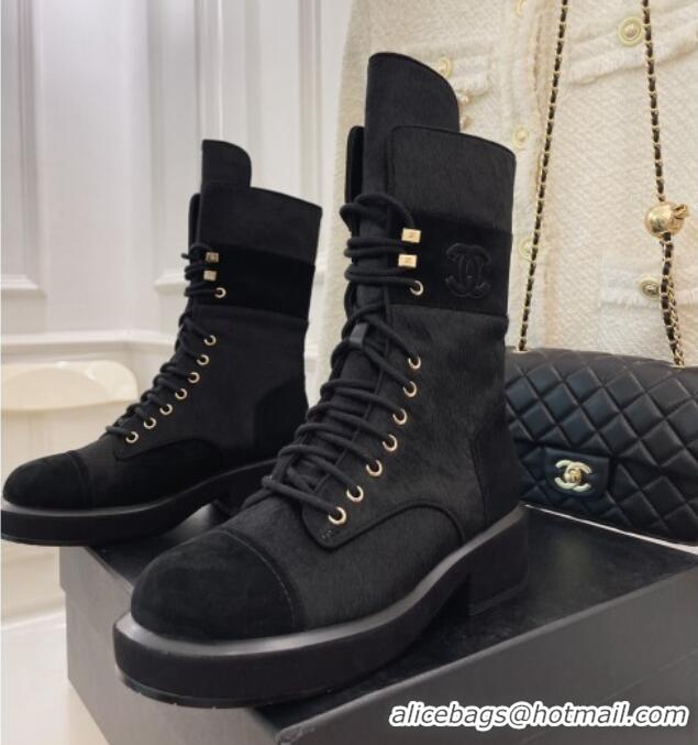 Popular Style Chanel Horse Fur and Knit Lace-up Ankle Boots G39506 Black