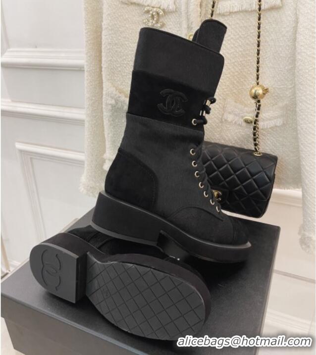 Popular Style Chanel Horse Fur and Knit Lace-up Ankle Boots G39506 Black