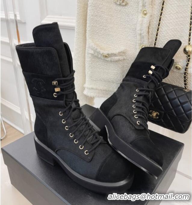 Popular Style Chanel Horse Fur and Knit Lace-up Ankle Boots G39506 Black