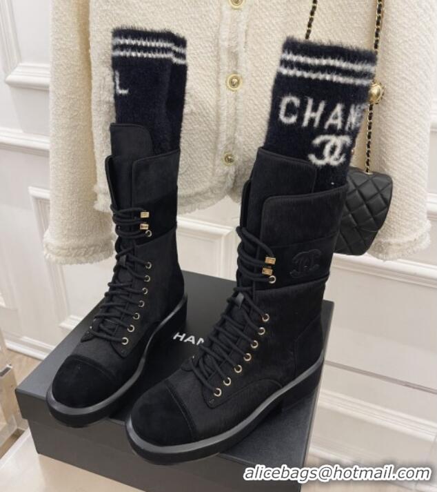 Popular Style Chanel Horse Fur and Knit Lace-up Ankle Boots G39506 Black