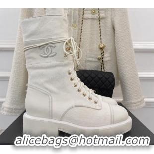 Duplicate Chanel Horse Fur Lace-ups Ankle Boots G39506 White