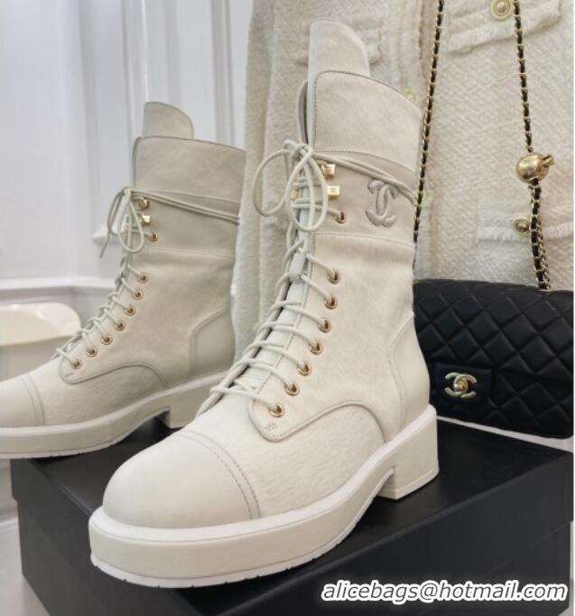 Duplicate Chanel Horse Fur Lace-ups Ankle Boots G39506 White