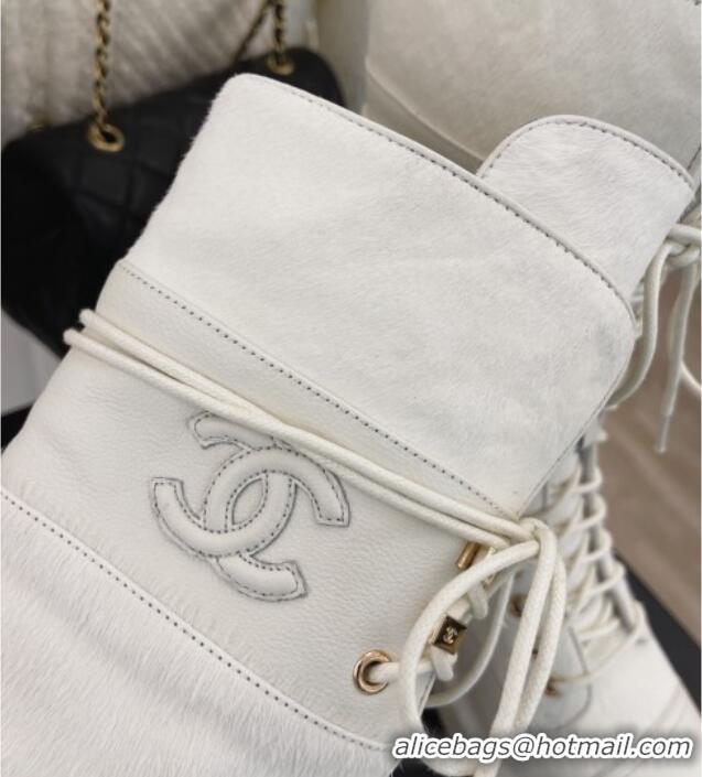 Duplicate Chanel Horse Fur Lace-ups Ankle Boots G39506 White