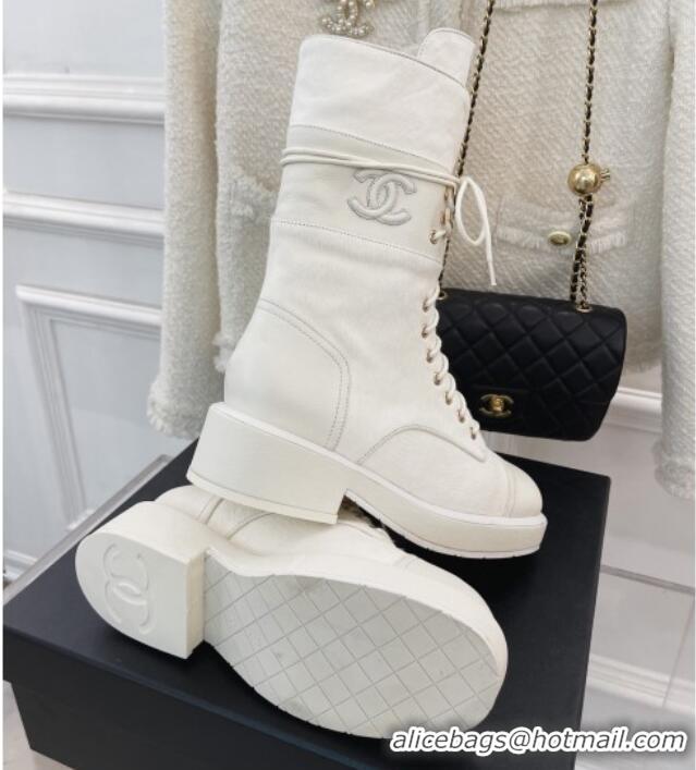 Duplicate Chanel Horse Fur Lace-ups Ankle Boots G39506 White