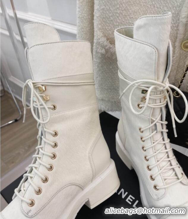 Duplicate Chanel Horse Fur Lace-ups Ankle Boots G39506 White