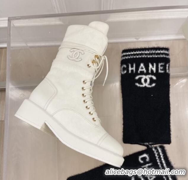 Duplicate Chanel Horse Fur Lace-ups Ankle Boots G39506 White