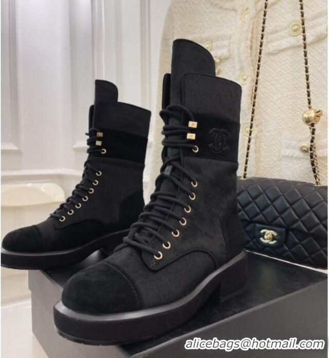 Good Quality Chanel Horse Fur Lace-ups Ankle Boots G39506 Black