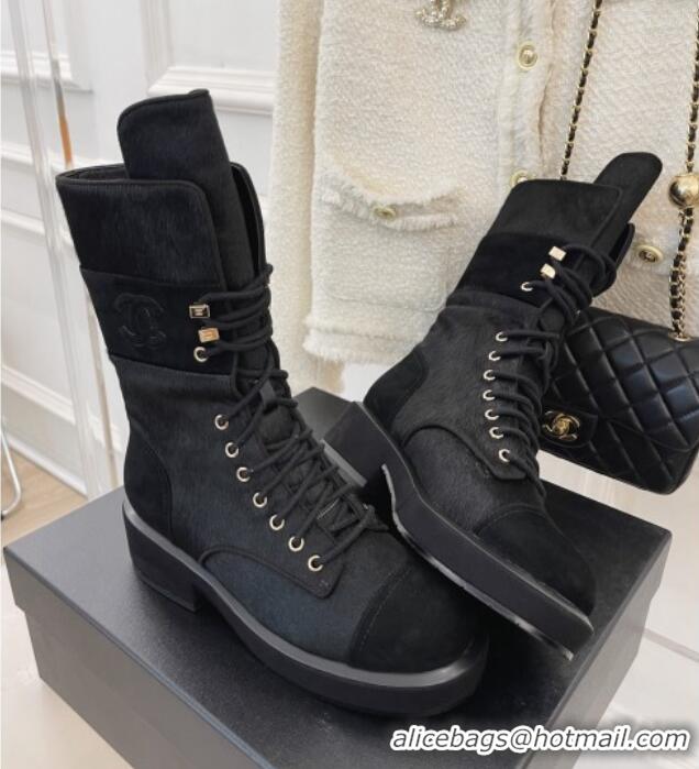 Good Quality Chanel Horse Fur Lace-ups Ankle Boots G39506 Black