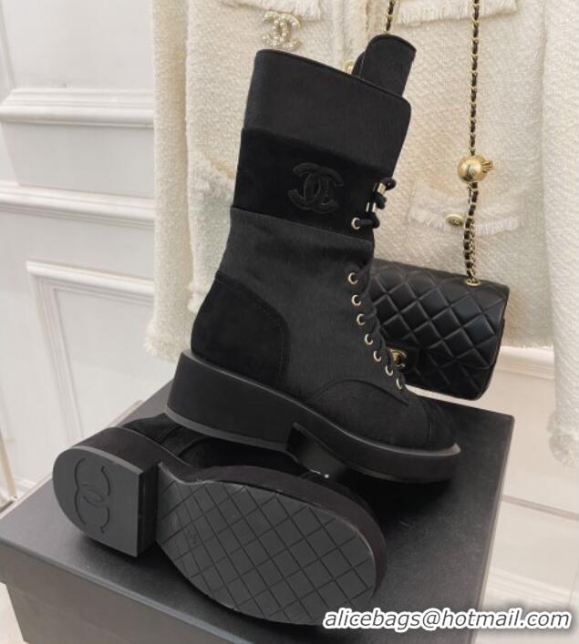 Good Quality Chanel Horse Fur Lace-ups Ankle Boots G39506 Black