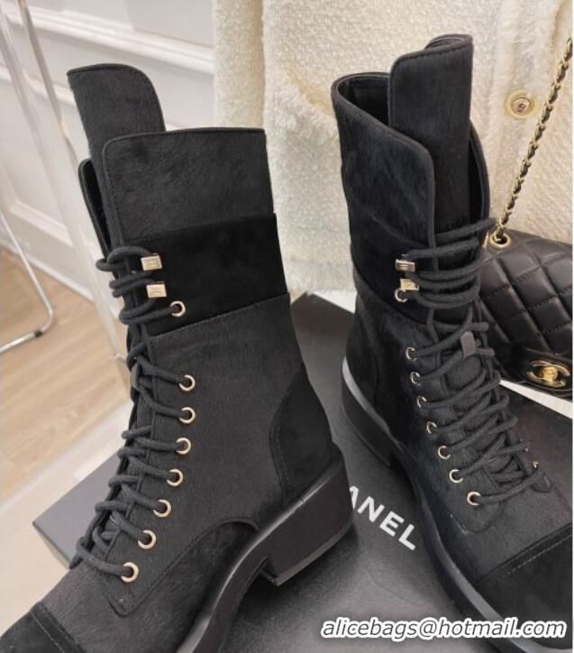 Good Quality Chanel Horse Fur Lace-ups Ankle Boots G39506 Black