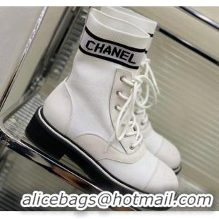 Purchase Chanel Knit Lace-ups Ankle Boots White 101267