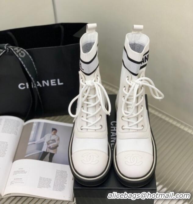 Purchase Chanel Knit Lace-ups Ankle Boots White 101267