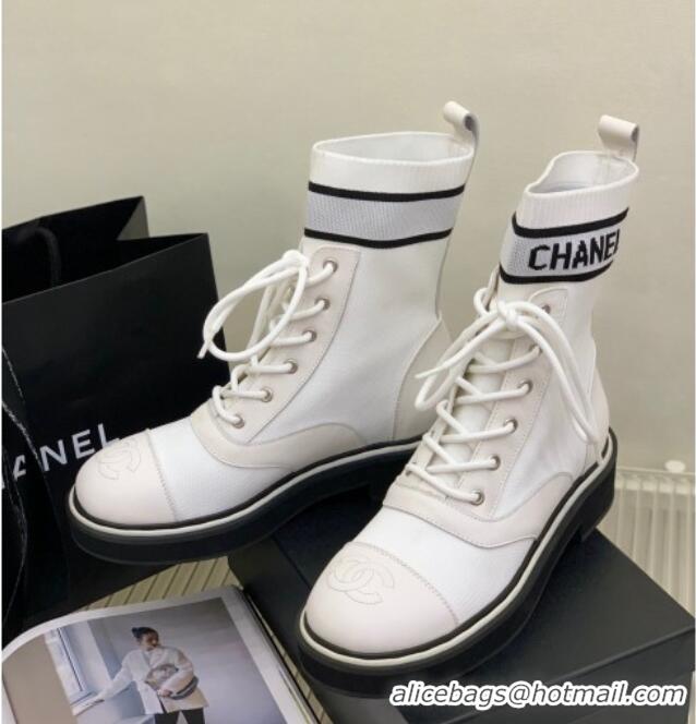 Purchase Chanel Knit Lace-ups Ankle Boots White 101267