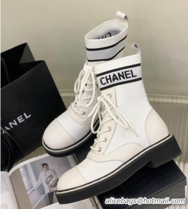 Purchase Chanel Knit Lace-ups Ankle Boots White 101267