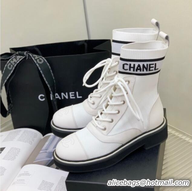 Purchase Chanel Knit Lace-ups Ankle Boots White 101267