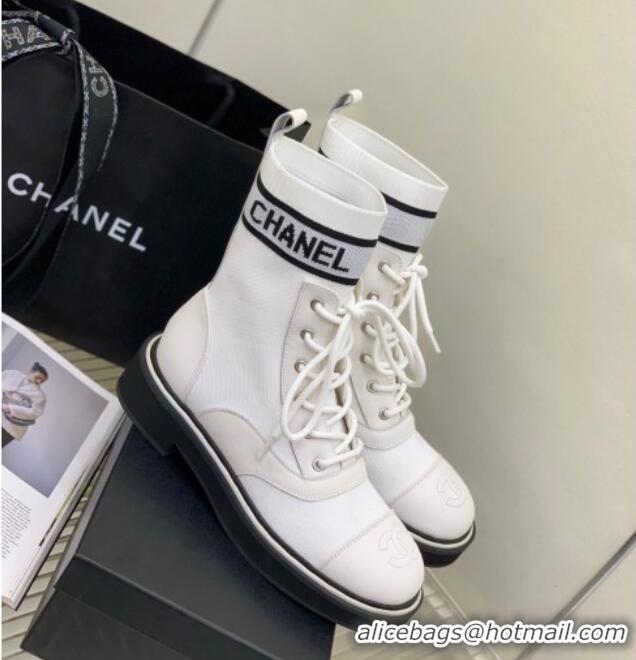 Purchase Chanel Knit Lace-ups Ankle Boots White 101267