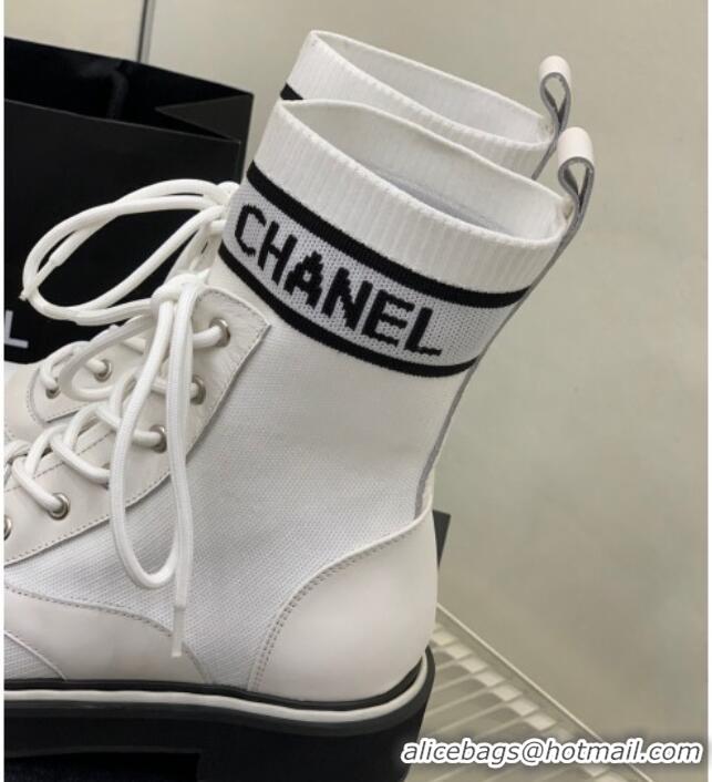 Purchase Chanel Knit Lace-ups Ankle Boots White 101267