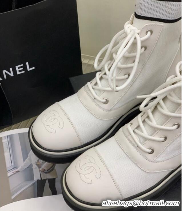 Purchase Chanel Knit Lace-ups Ankle Boots White 101267