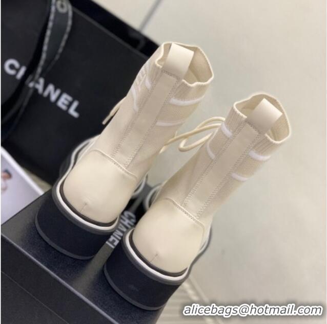 Best Price Chanel Knit Lace-ups Ankle Boots Beige 101268