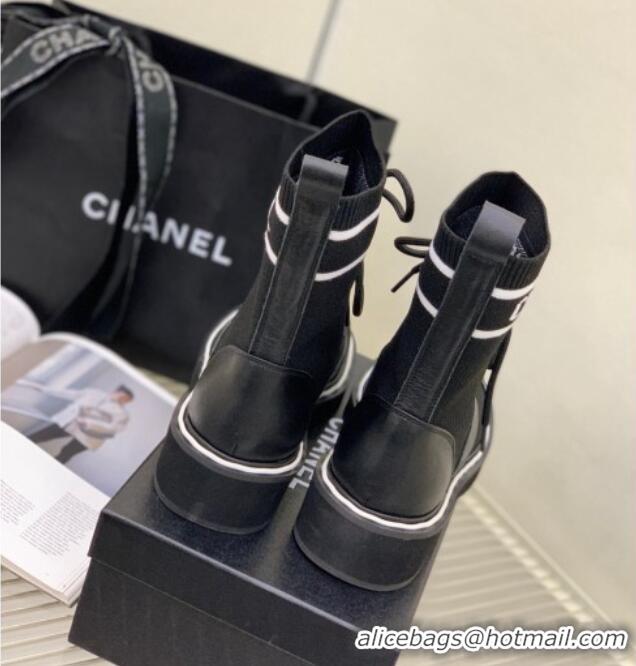 Duplicate Chanel Knit Lace-ups Ankle Boots Black 101269