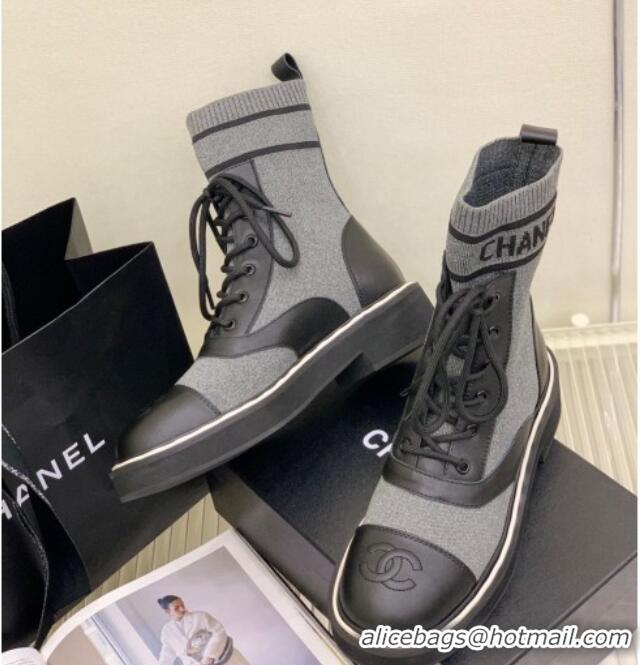 Affordable Price Chanel Knit Lace-ups Ankle Boots Grey 101270