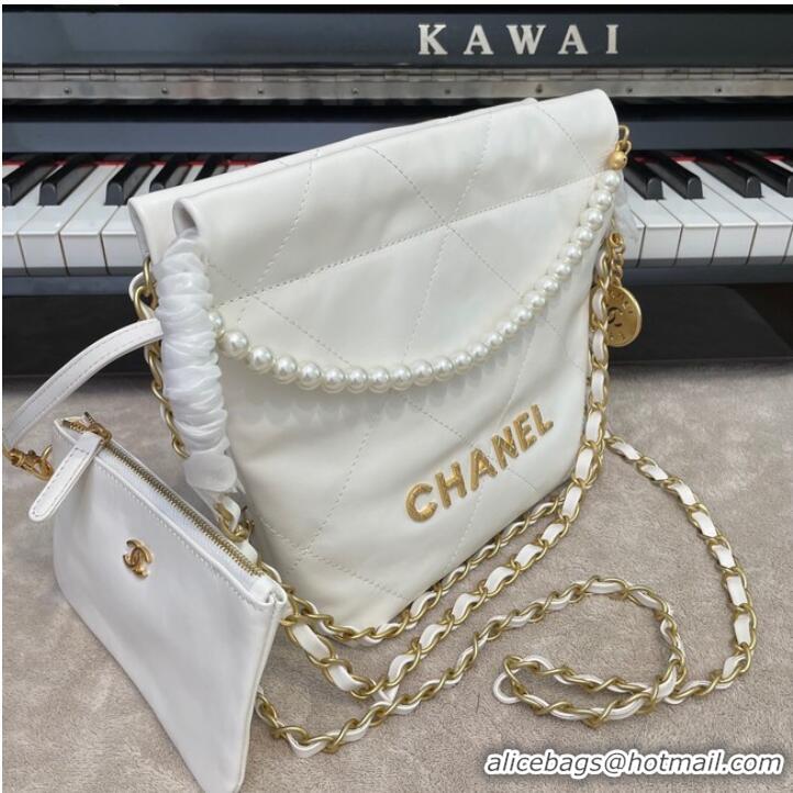 Good Product CHANEL MINI 22 HANDBAG Metallic Calfskin & gold Metal AS3989 WHITE