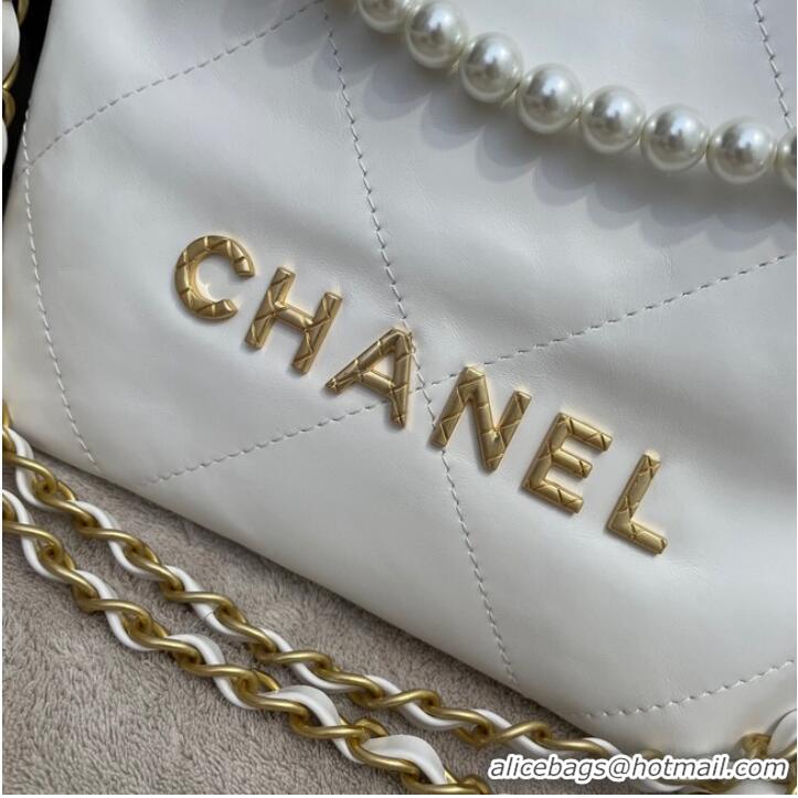 Good Product CHANEL MINI 22 HANDBAG Metallic Calfskin & gold Metal AS3989 WHITE