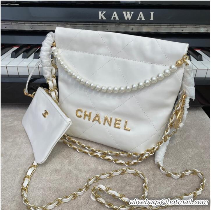 Good Product CHANEL MINI 22 HANDBAG Metallic Calfskin & gold Metal AS3989 WHITE