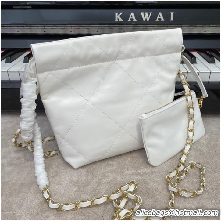 Good Product CHANEL MINI 22 HANDBAG Metallic Calfskin & gold Metal AS3989 WHITE