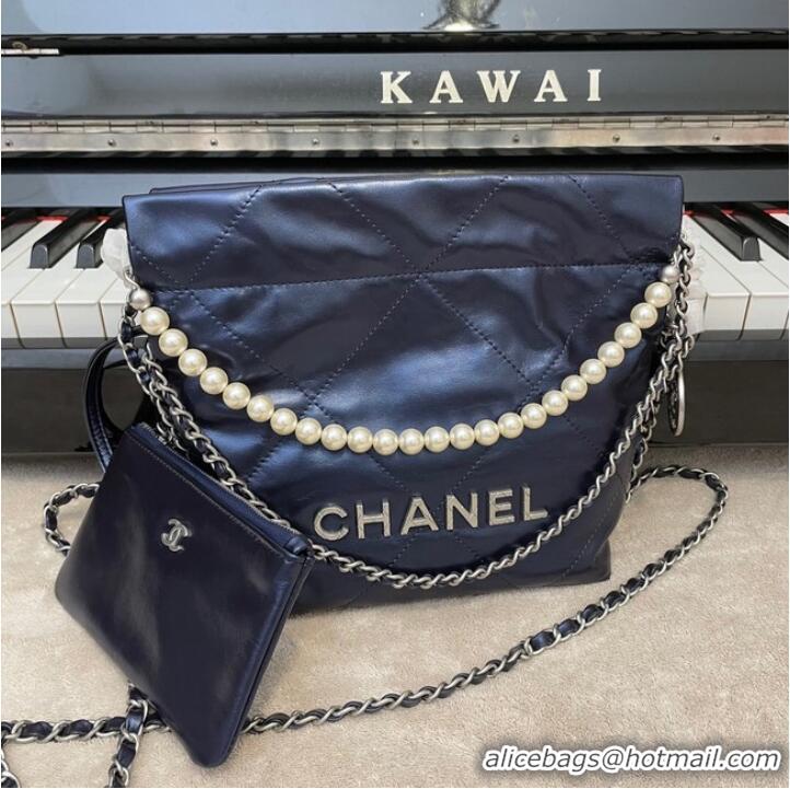 Reasonable Price CHANEL MINI 22 HANDBAG Metallic Calfskin & Silver Metal AS3989 Royal blue