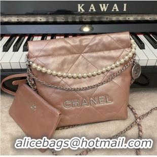 Luxury Cheap CHANEL MINI 22 HANDBAG Metallic Calfskin & Silver Metal AS3989 PINK