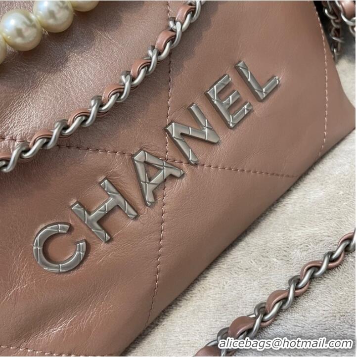 Luxury Cheap CHANEL MINI 22 HANDBAG Metallic Calfskin & Silver Metal AS3989 PINK