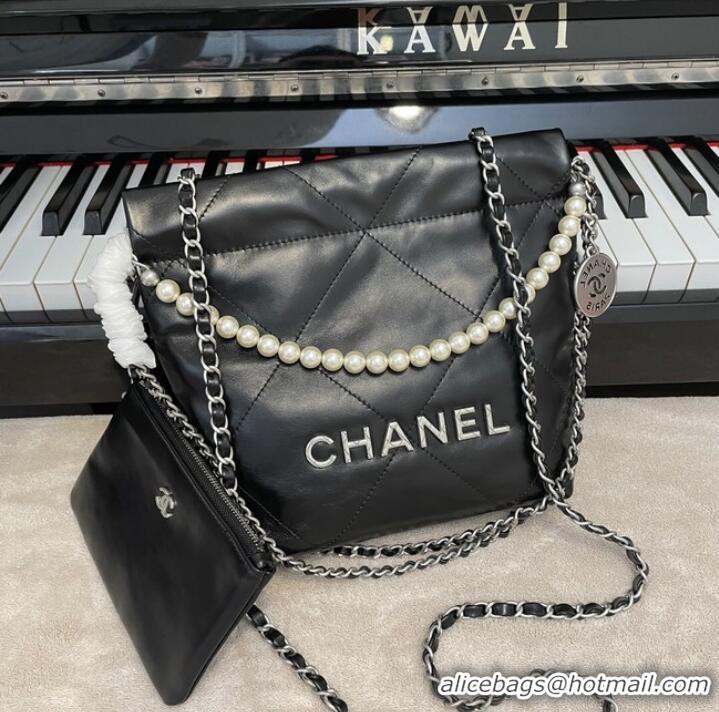 Top Design CHANEL MINI 22 HANDBAG Metallic Calfskin & Silver Metal AS3989 black