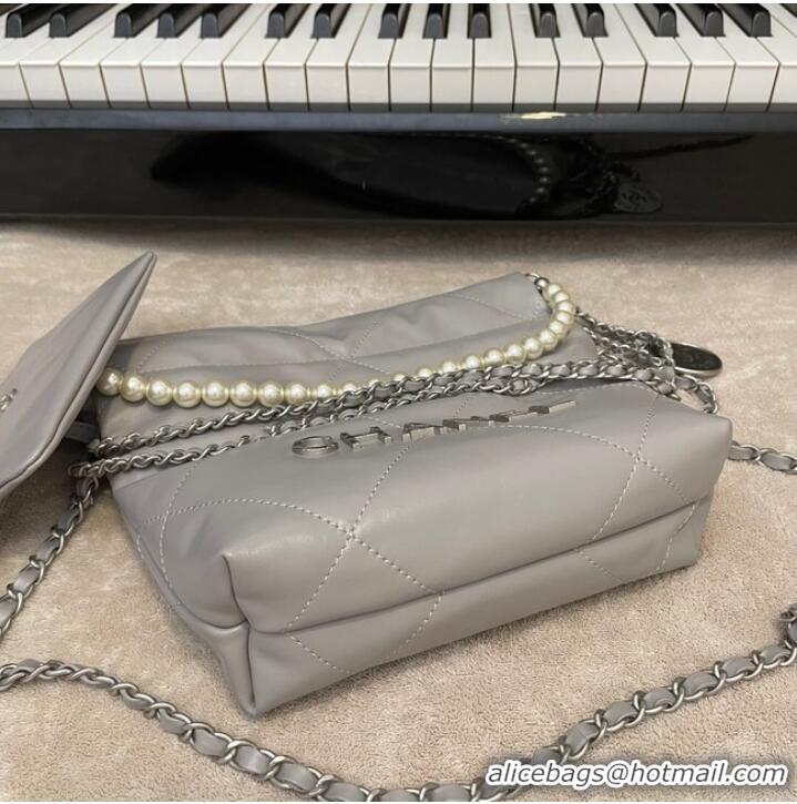 Best Price CHANEL MINI 22 HANDBAG Metallic Calfskin & Silver Metal AS3989 gray