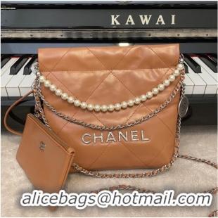 Promotional CHANEL MINI 22 HANDBAG Metallic Calfskin & Silver Metal AS3989 brown