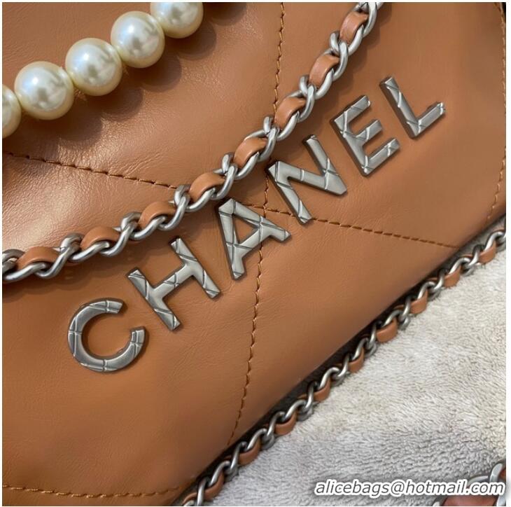 Promotional CHANEL MINI 22 HANDBAG Metallic Calfskin & Silver Metal AS3989 brown