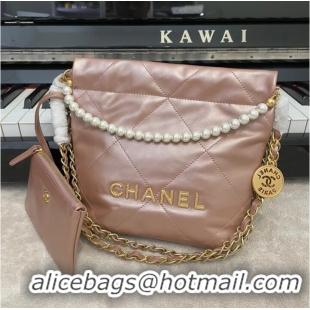 Luxury Discount CHANEL MINI 22 HANDBAG Metallic Calfskin & gold Metal AS3989 pink