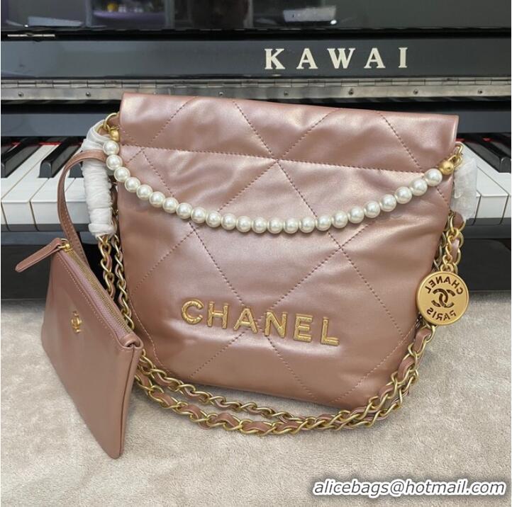 Luxury Discount CHANEL MINI 22 HANDBAG Metallic Calfskin & gold Metal AS3989 pink