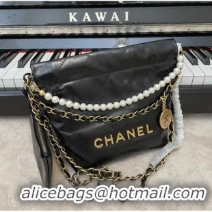 Famous Brand CHANEL MINI 22 HANDBAG Metallic Calfskin & gold Metal AS3989 black