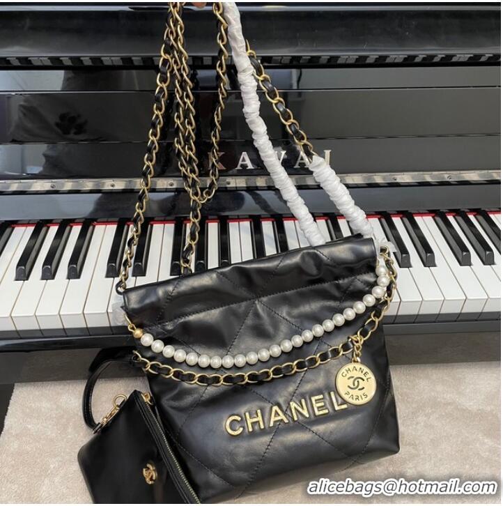 Famous Brand CHANEL MINI 22 HANDBAG Metallic Calfskin & gold Metal AS3989 black