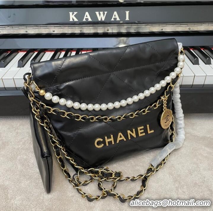 Famous Brand CHANEL MINI 22 HANDBAG Metallic Calfskin & gold Metal AS3989 black