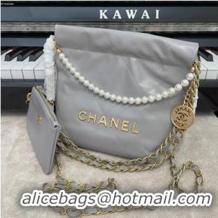 Promotional CHANEL MINI 22 HANDBAG Metallic Calfskin & gold Metal AS3989 gray