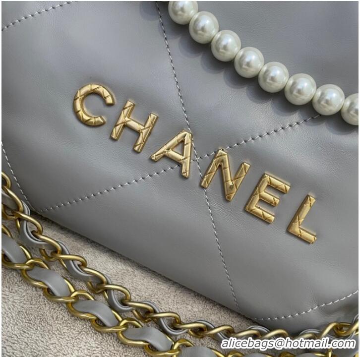 Promotional CHANEL MINI 22 HANDBAG Metallic Calfskin & gold Metal AS3989 gray