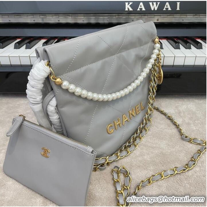 Promotional CHANEL MINI 22 HANDBAG Metallic Calfskin & gold Metal AS3989 gray