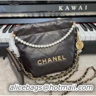 Top Quality CHANEL MINI 22 HANDBAG Metallic Calfskin & gold Metal AS3989 Coffee