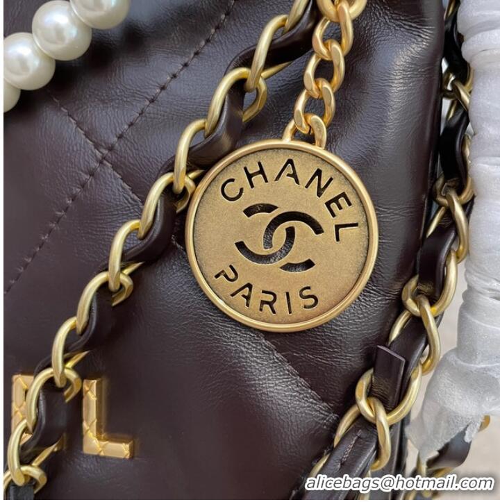 Top Quality CHANEL MINI 22 HANDBAG Metallic Calfskin & gold Metal AS3989 Coffee