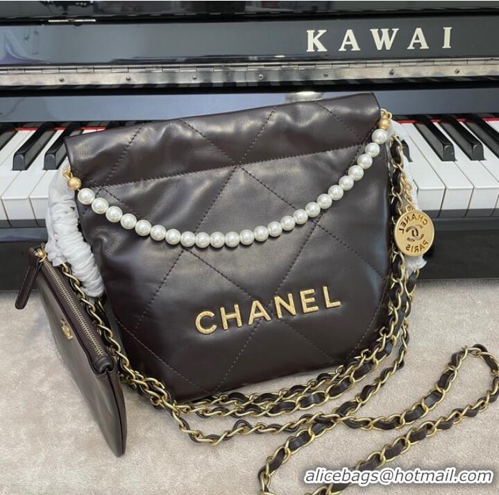 Top Quality CHANEL MINI 22 HANDBAG Metallic Calfskin & gold Metal AS3989 Coffee