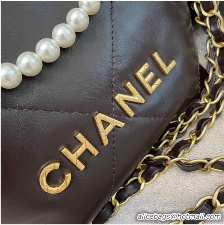 Top Quality CHANEL MINI 22 HANDBAG Metallic Calfskin & gold Metal AS3989 Coffee