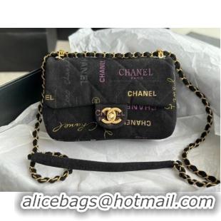 Famous Brand CHANEL Printed Denim & Gold-Tone Metal AS3135 black